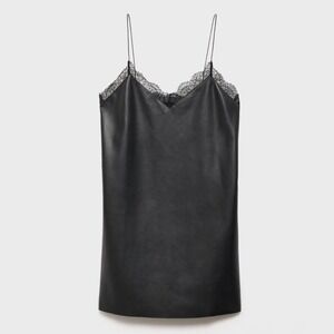 Mango MNG Black Faux Leather Lace Trim Slip Dress Mini V Neck Spaghetti Straps L